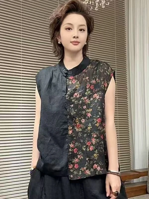夏季苎麻无袖印花拼接文艺小衫F休闲凉快时尚百搭T恤上衣