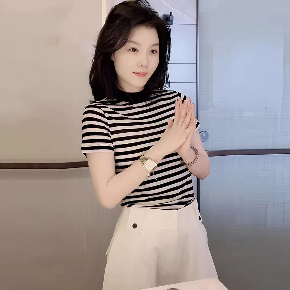 条纹圆领正肩短袖t恤女春夏2025新款修身显瘦内搭棉质打底衫上衣