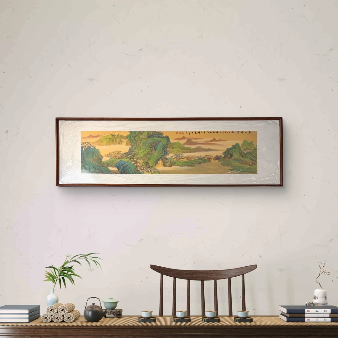 手绘国画山水 53*173cm 大尺寸实木榫卯茶室书房客厅背景墙装饰画