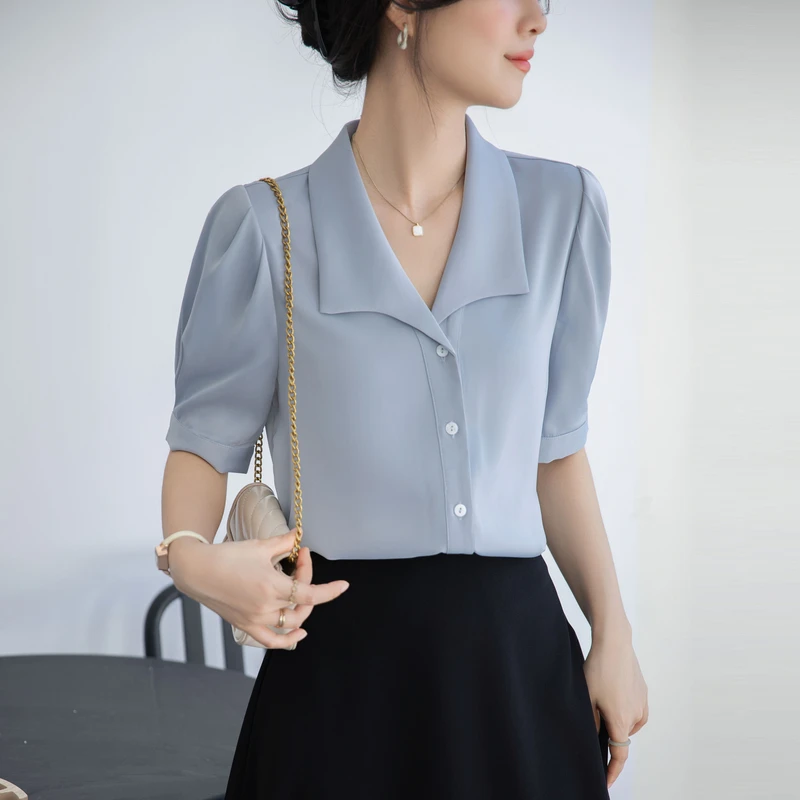 新款职业修身短袖衬衫蓝色白色女士春夏面试职场外套