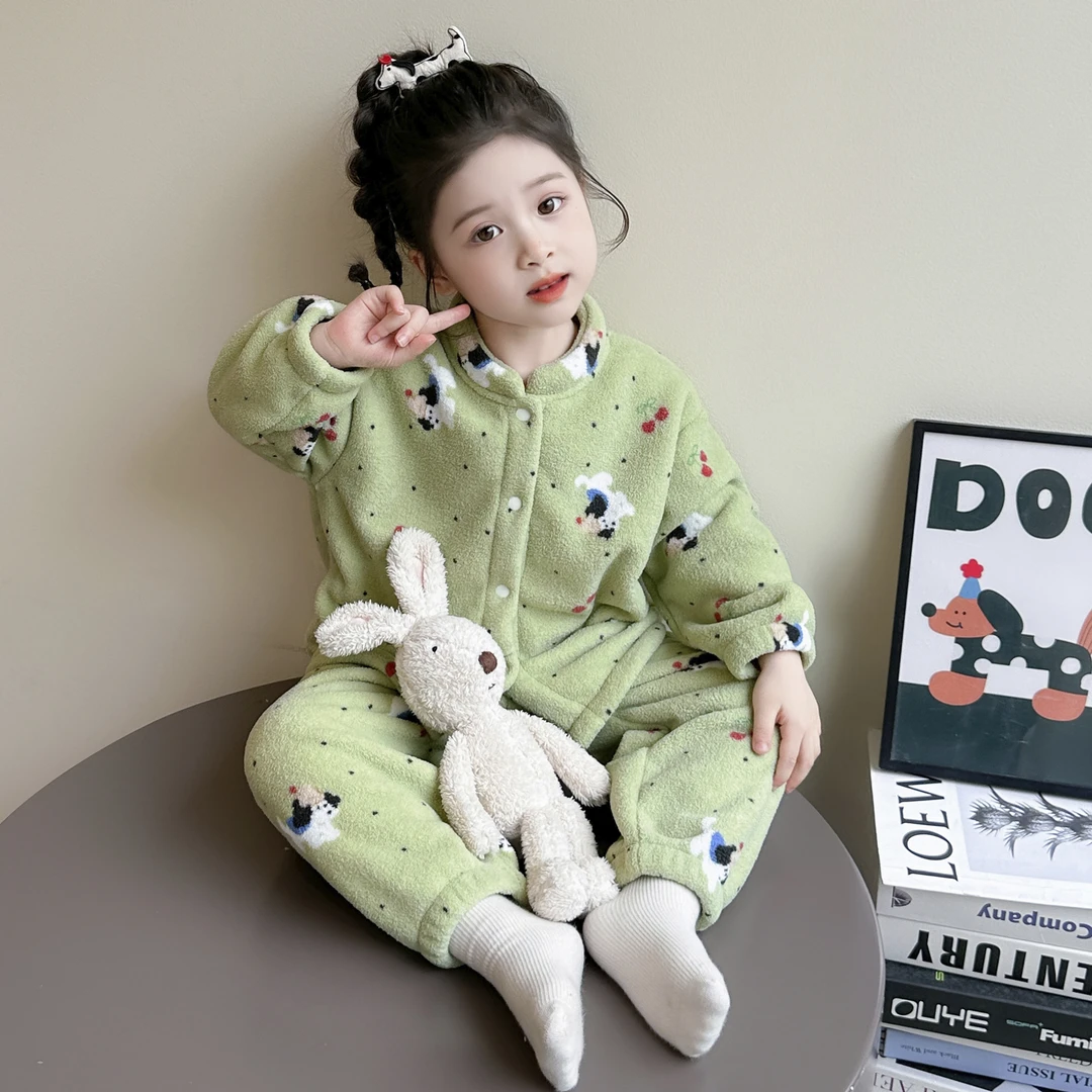 女童睡衣秋冬季珊瑚绒2025新款女孩宝宝加厚法兰绒儿童家居服套装