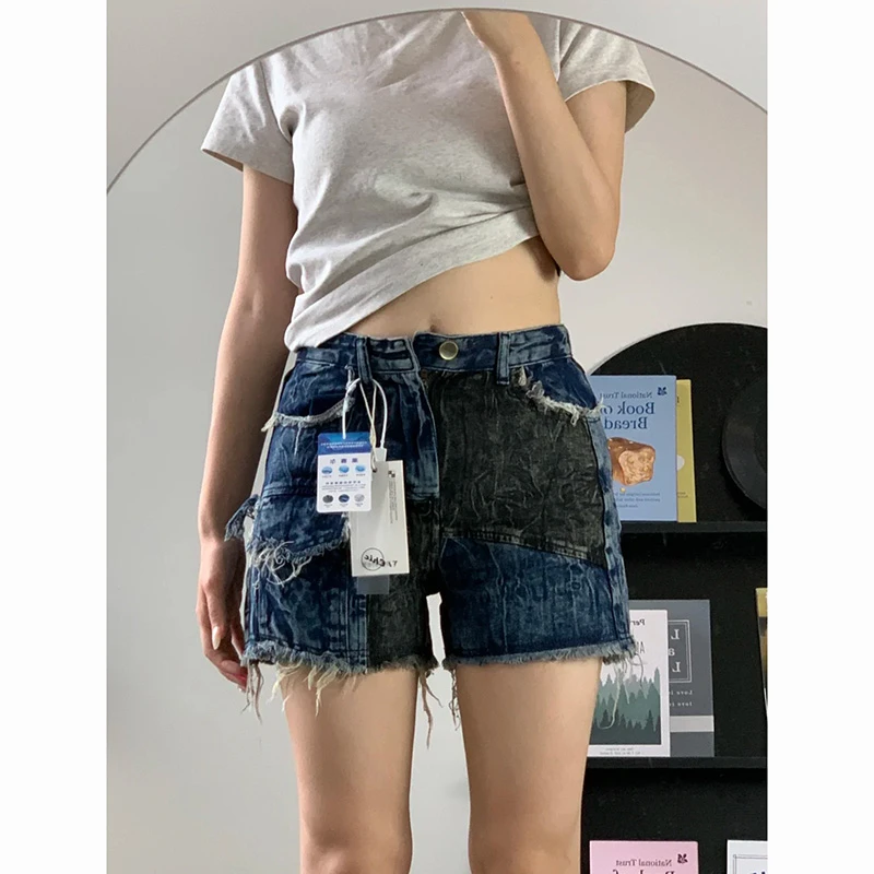 美式街头ins风牛仔短裤女2025夏季新款拼接设计高腰宽松显瘦热裤