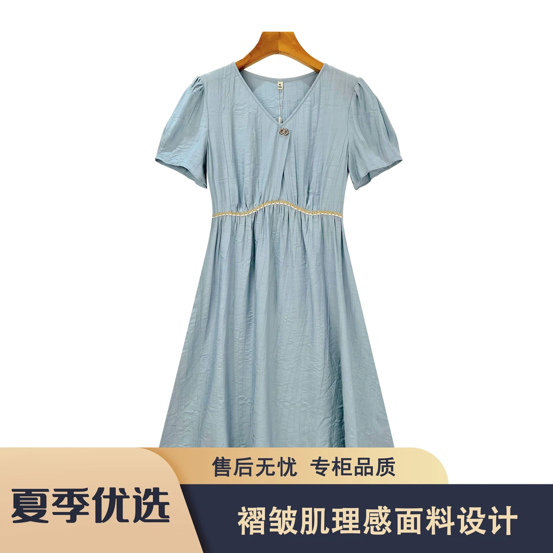 S167 传Q2025夏季优雅V领泡泡袖收腰显瘦时尚连衣裙CQYH23B093款