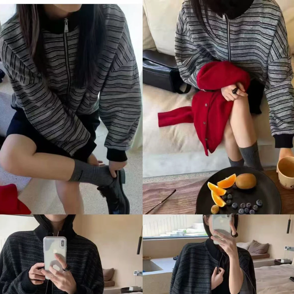 6626印花开衫款卫衣条纹2025宽松春秋冬季黑白百搭针织