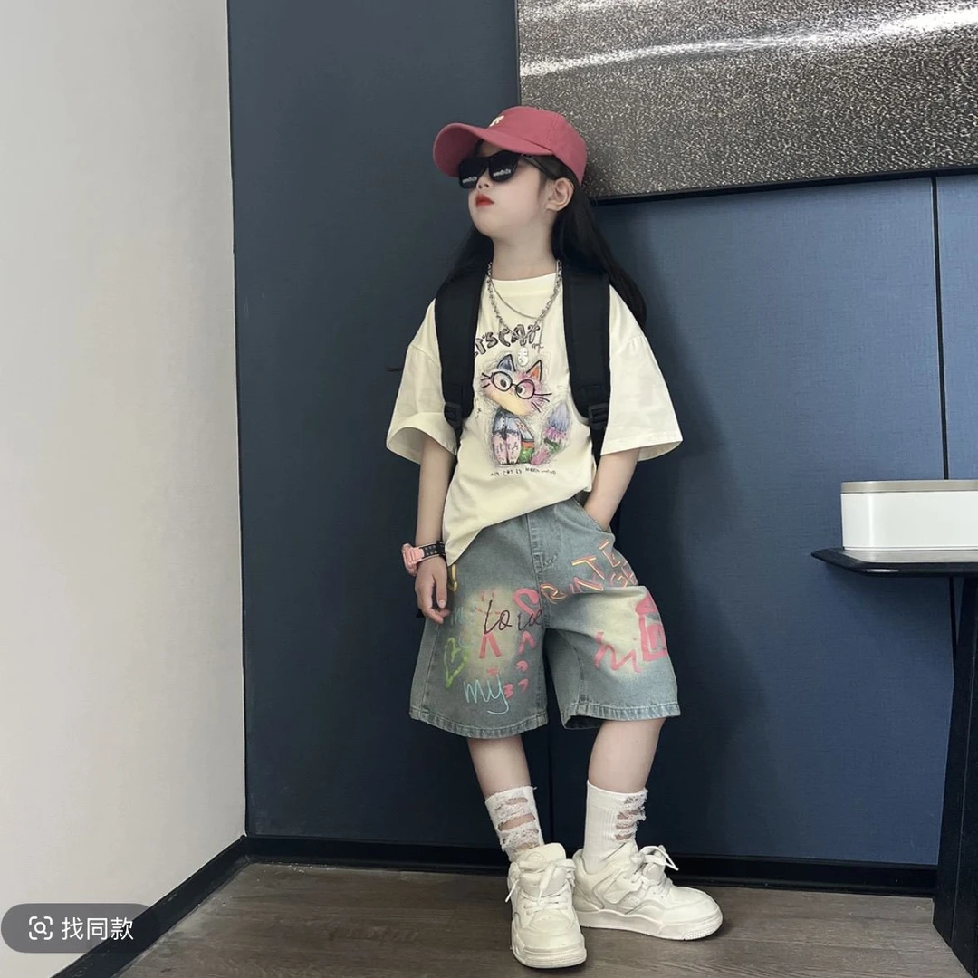 女童夏装爆款套装两件套印花短袖女孩薄款牛仔分裤潮中大童