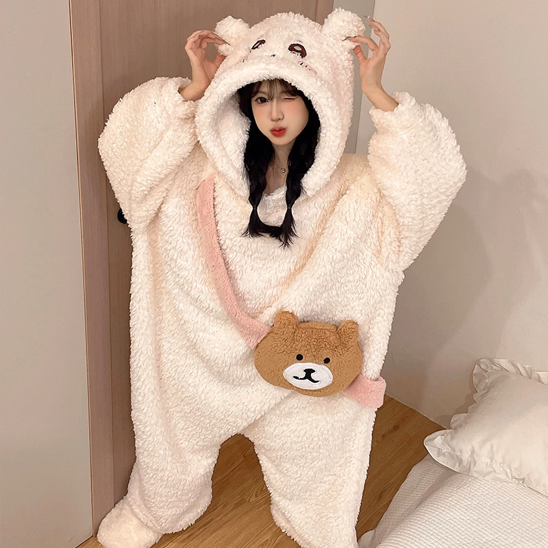 卡伊吉娃连体睡衣女秋冬季珊瑚绒加厚保暖睡袍家居服卡通学生冬款