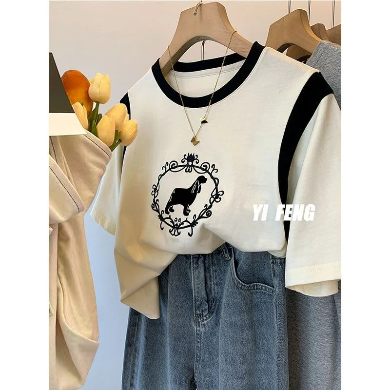 夏季300斤特大码胖mm正肩拼接短袖女洋气休闲百搭宽松时尚韩版t恤