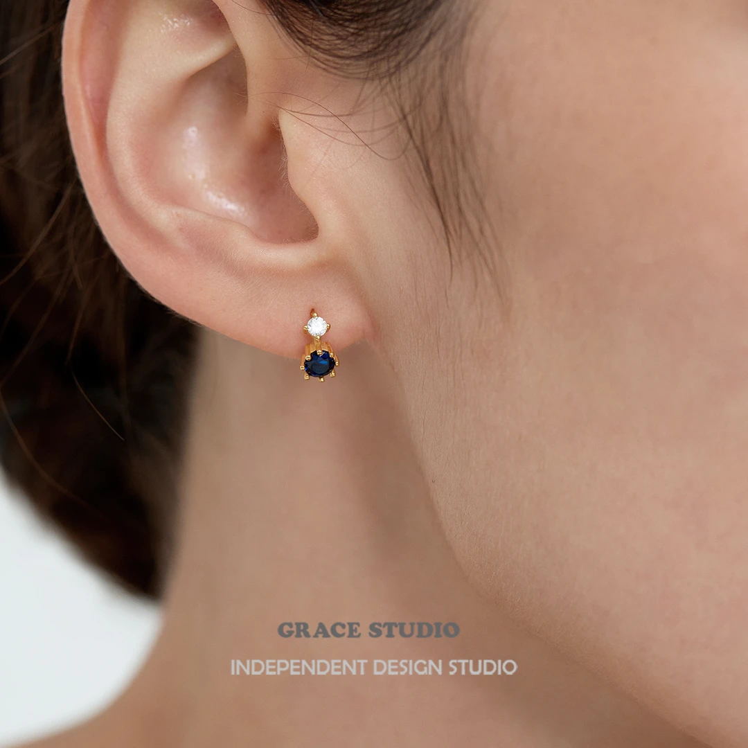 925银合成锆石耳饰 G/S波罗的海 超精致宝蓝锆石小巧轻奢锆石耳环