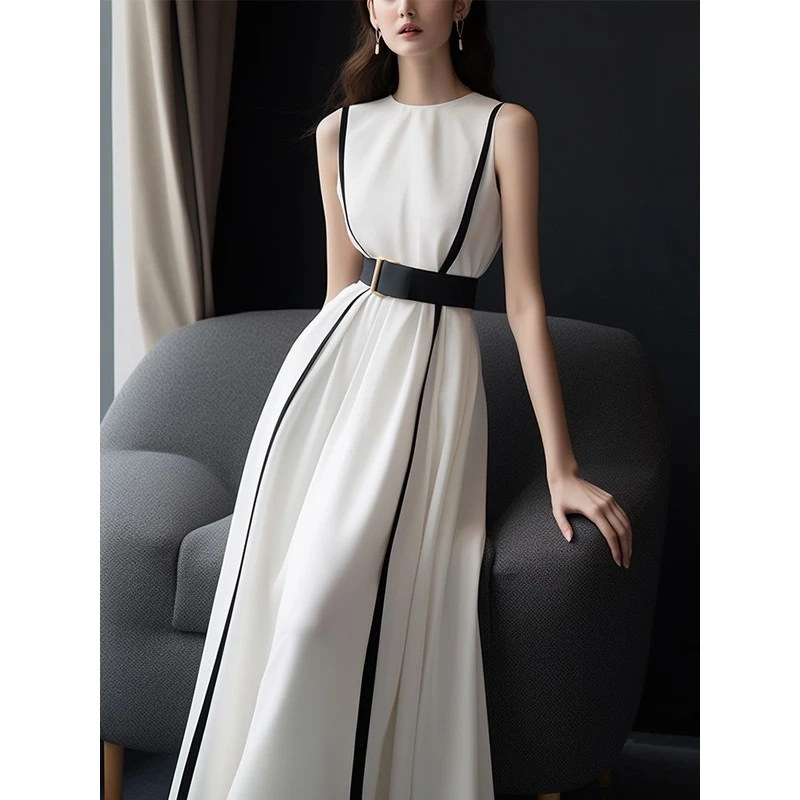 法式高端精致白色无袖连衣裙夏季名媛设计感正式场合气质礼服长裙