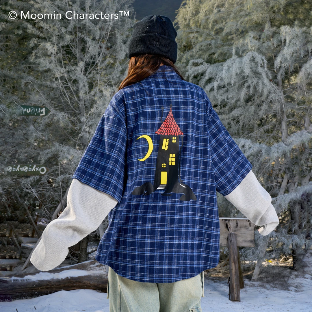 AFGK×Moomin姆明联名 假两件格纹衬衫春秋美式复古上衣外套男女衬