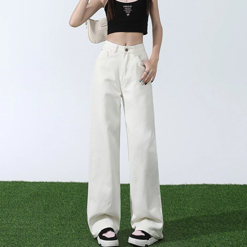 3337夏季女士高腰直筒牛仔裤女款超柔软牛仔窄版阔腿裤后口袋刺绣