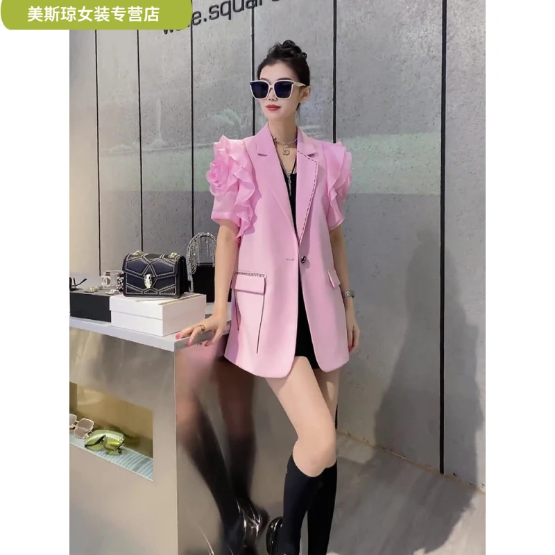 ll小众上衣小个子设计感气质小香风韩版短袖粉色西装外套女春ll