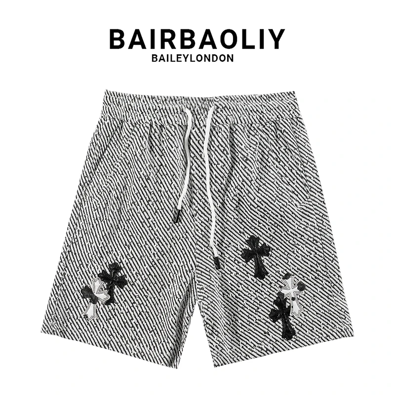 BAIRBAOLIY贴皮十字架大牌质感LOGO银丝短裤时尚休闲五分裤男装潮