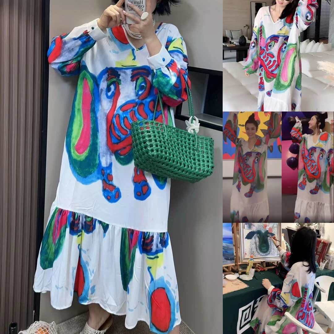 W5012定制款欧范儿洋气宽松V领印花雪纺绒大版荷叶边长裙