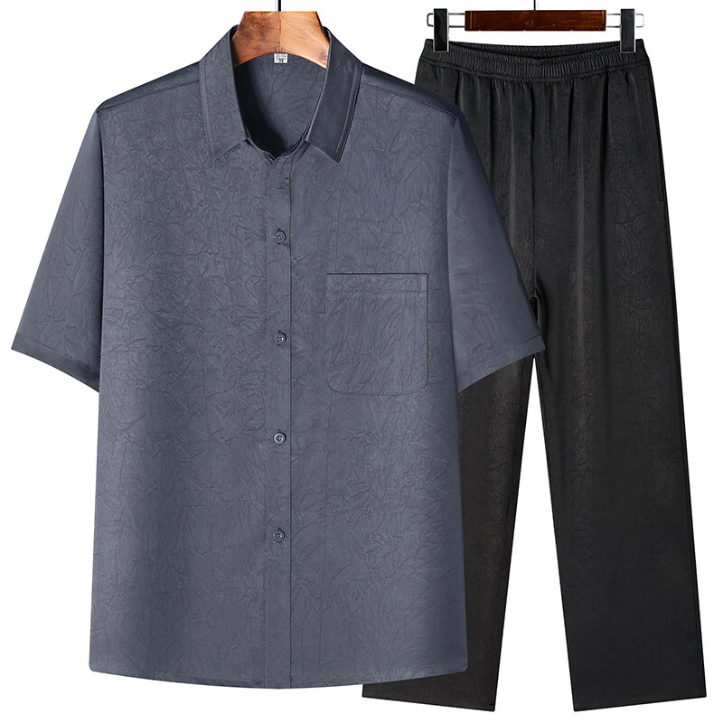 【上衣＋裤子】6614男士夏季清凉透气衬衫上衣深裆中腰松紧直筒裤