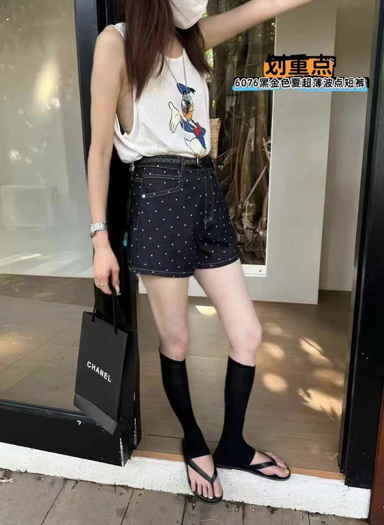 6076波点牛仔短裤
