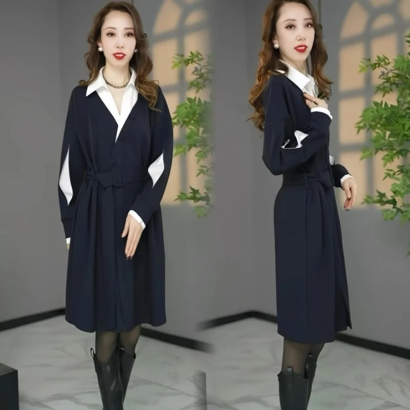 2025春秋季设计师款减龄条纹衬衣领拼接减龄遮肉收肚子显瘦连衣裙