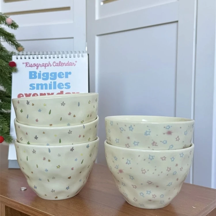 彩色星星！少女心韩系ins小清新大容量陶瓷碗沙拉碗酸奶碗早餐碗