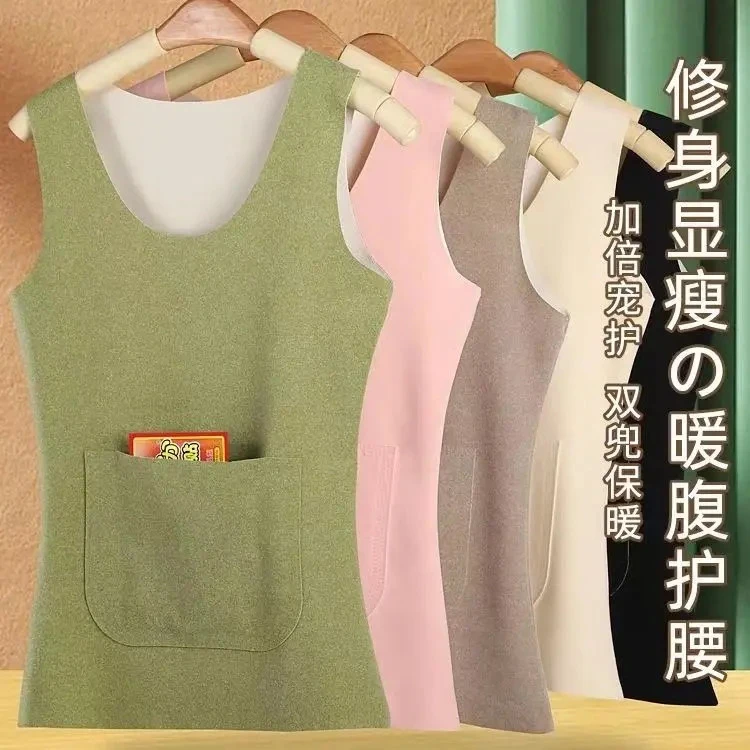 前后加口袋无痕双面德绒保暖背心女发热护肚暖宫加绒加厚防寒打底