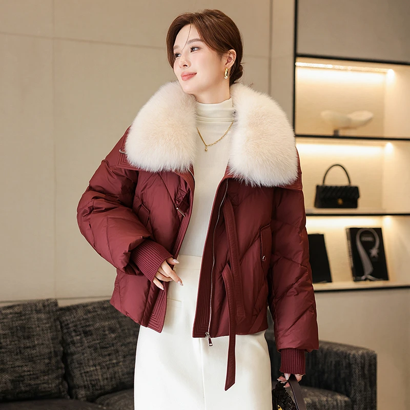 品牌白鸭绒保暖羽绒服外套女短款冬季气质仿狐狸毛领拆卸皮草大衣