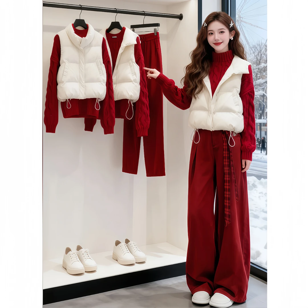 冬季时尚套装女2025新款学院风棉服针织上衣阔腿裤三件套秋冬洋气