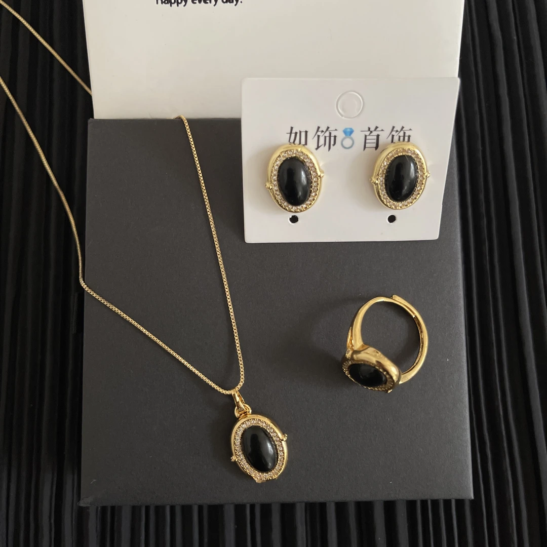 铜项链 如饰 新款黑色椭圆三件套套装复古百搭首饰