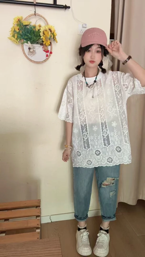 【雾里看花】洋气女装时尚百搭休闲宽松镂空刺绣条纹花边上衣