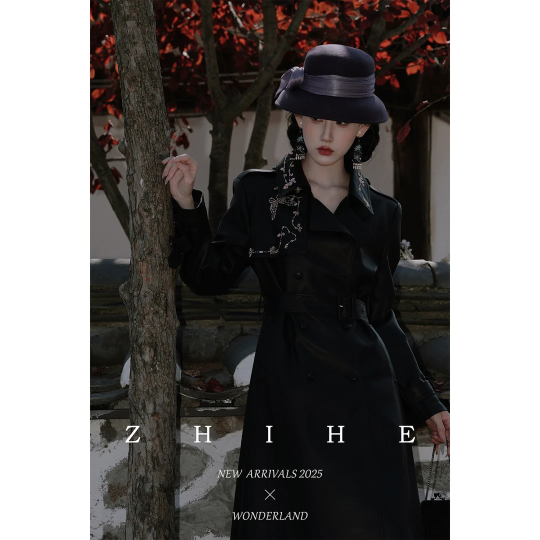 无艳一禾【墨上花开】重工串珠绣花环保蛋白皮长款皮衣外套