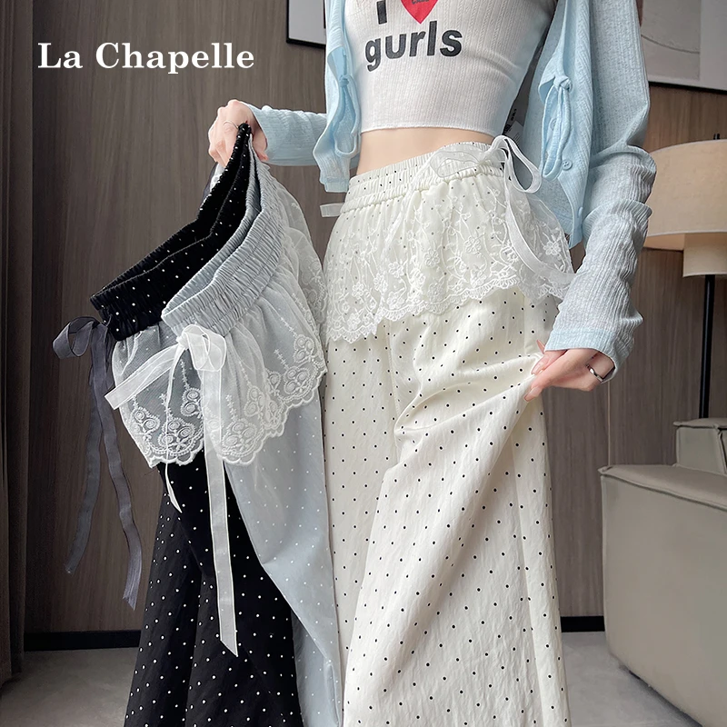 拉夏贝尔波点蕾丝花边阔腿裤女夏季薄款高腰显瘦垂感休闲裤子新款