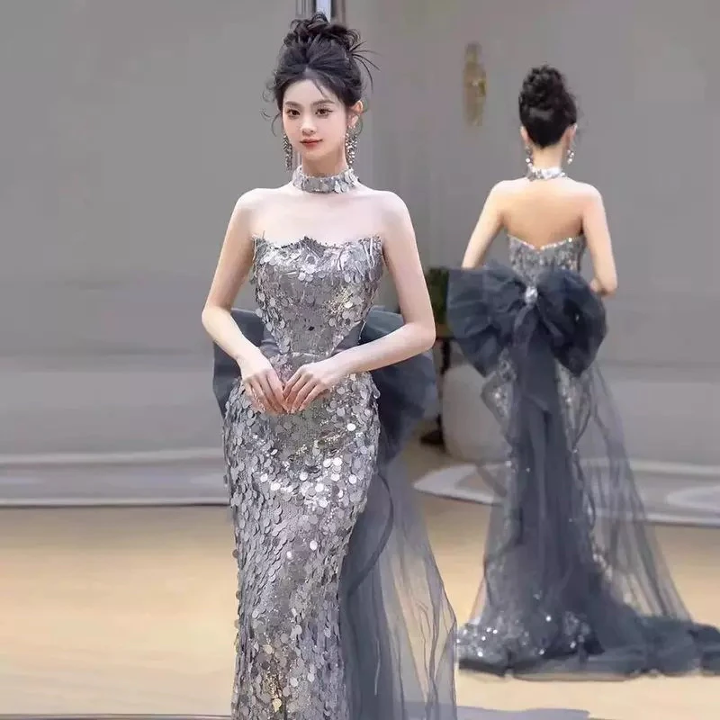 鱼尾晚礼服裙轻奢小众高端宴会银色敬酒服成人礼主持人抹胸毕业裙