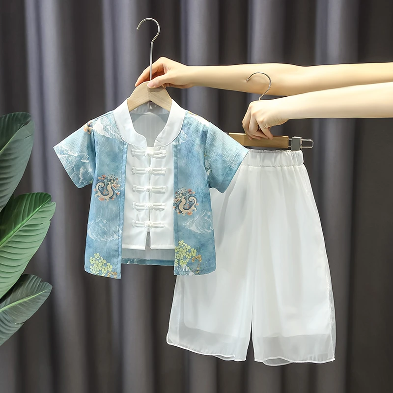 汉服男童夏季国风短袖套装儿童洋气唐装夏款女童新中式洋气连衣裙