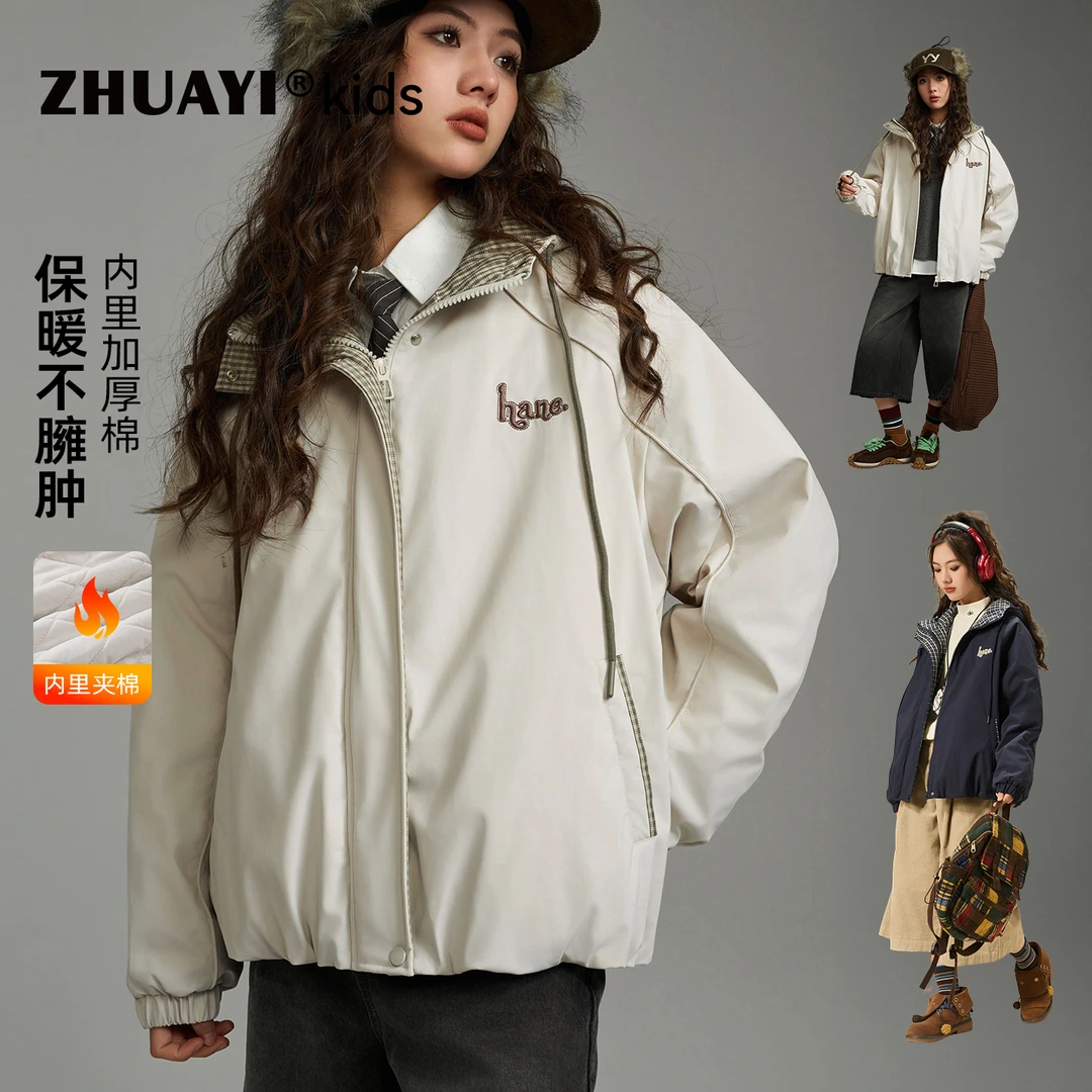 女童外套加棉加厚格子洋气韩版连帽上衣保暖棉服冬装（25402332）4