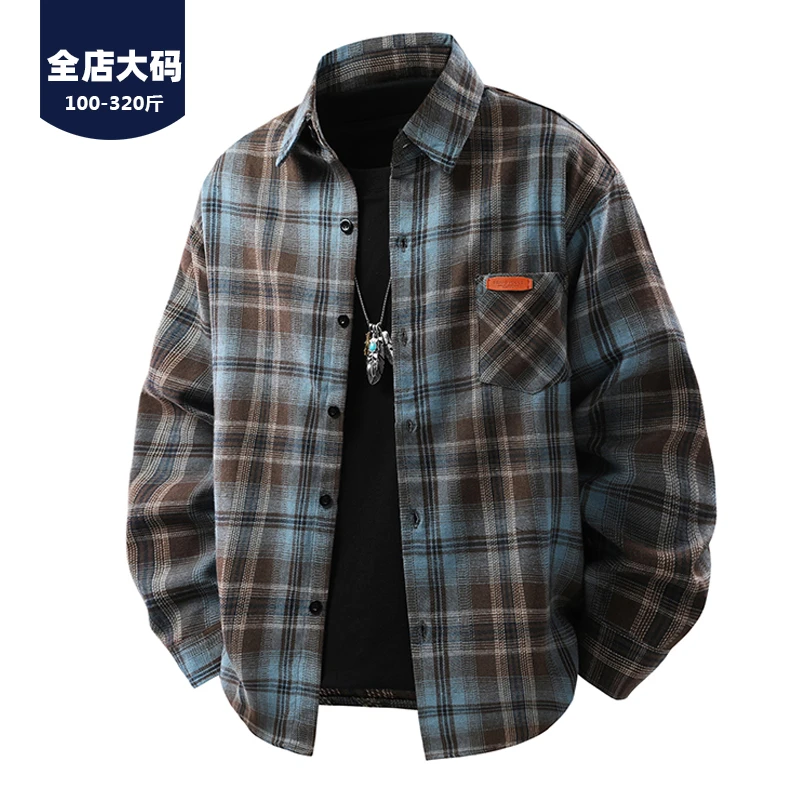 胖胖森大码格子衬衫男长袖春秋季胖男生加肥加大休闲百搭宽松衬衣