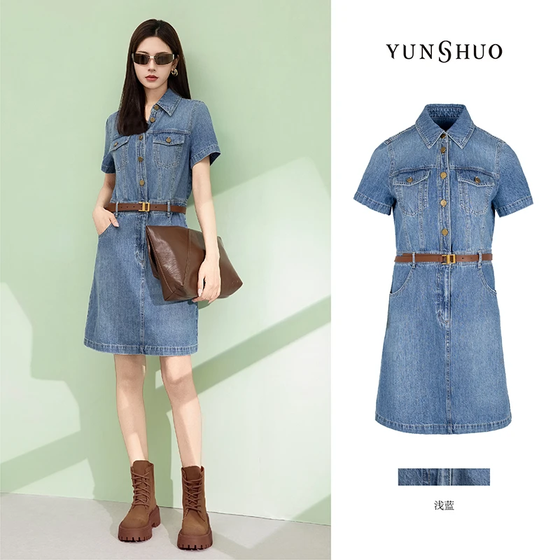 允硕夏季新品女装时尚复古牛仔蓝色百搭气质欧若风连衣裙565065