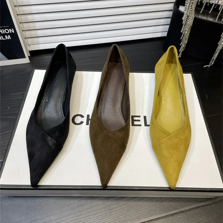 法式尖头绒面浅口细跟高跟鞋女单鞋2025秋季气质百搭职业工作鞋