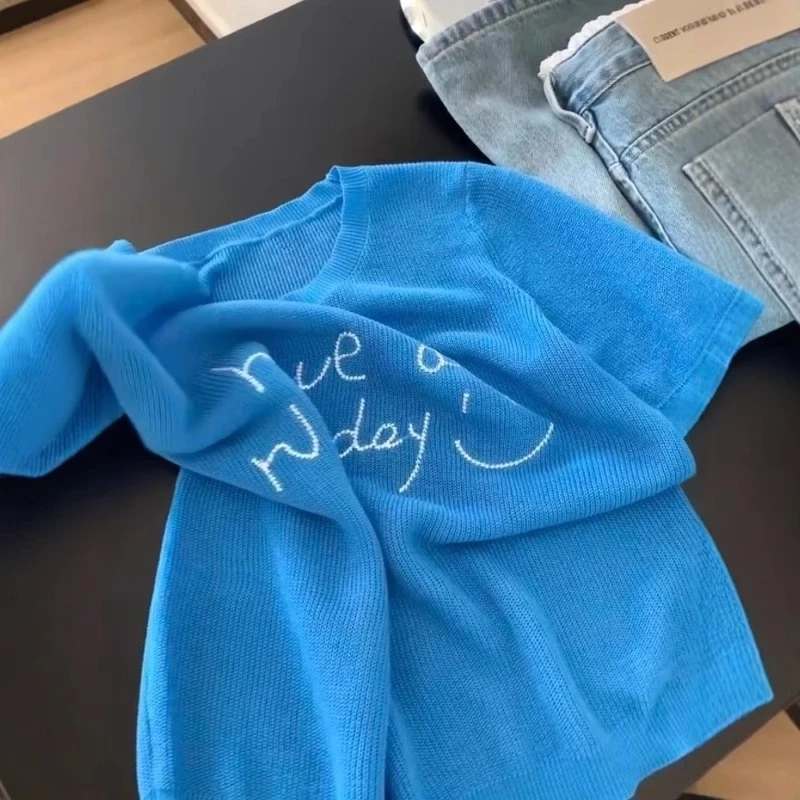 美式甜美减龄多巴胺冰丝针织衫宽松显瘦绝美短袖上衣洋气显白T恤