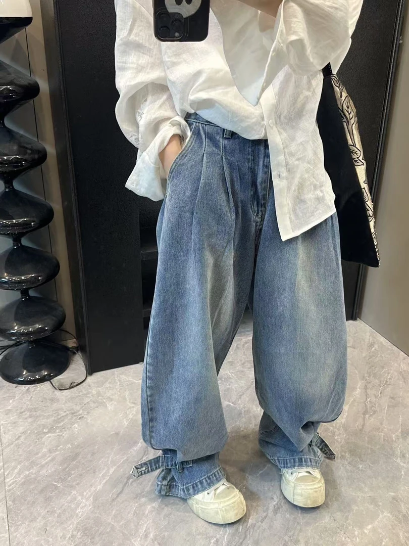 【廓形牛仔裤】新款小众设计时髦廓形裤脚系扣牛仔裤 ZA0213