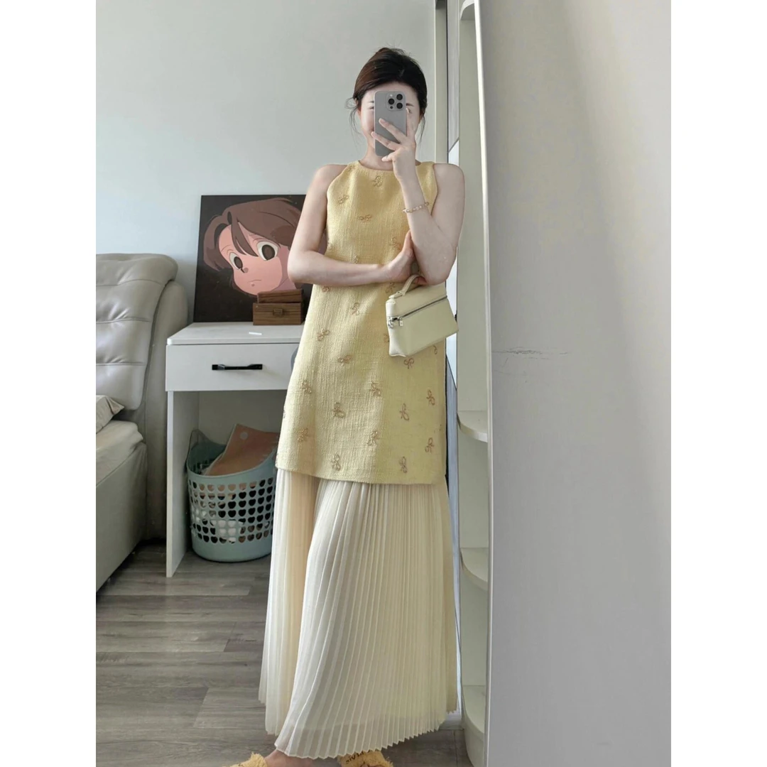 法式重工蝴蝶结钉珠小香风黄色无袖连衣裙百褶裙假两件套装夏季