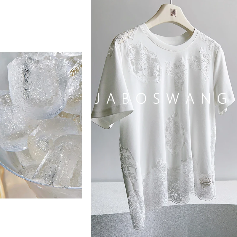 S1116空城T恤衫2025春夏款小众设计感圆领蕾丝刺绣显瘦百搭短袖