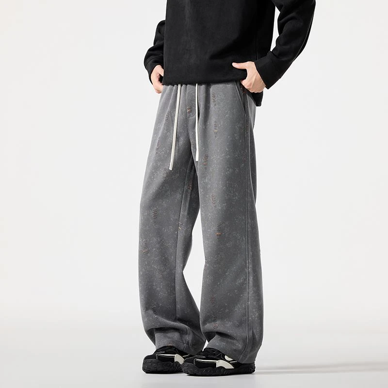秋季新高街卫裤宽松阔腿弯刀哭透气扎染百搭直筒破洞撞色休闲裤男