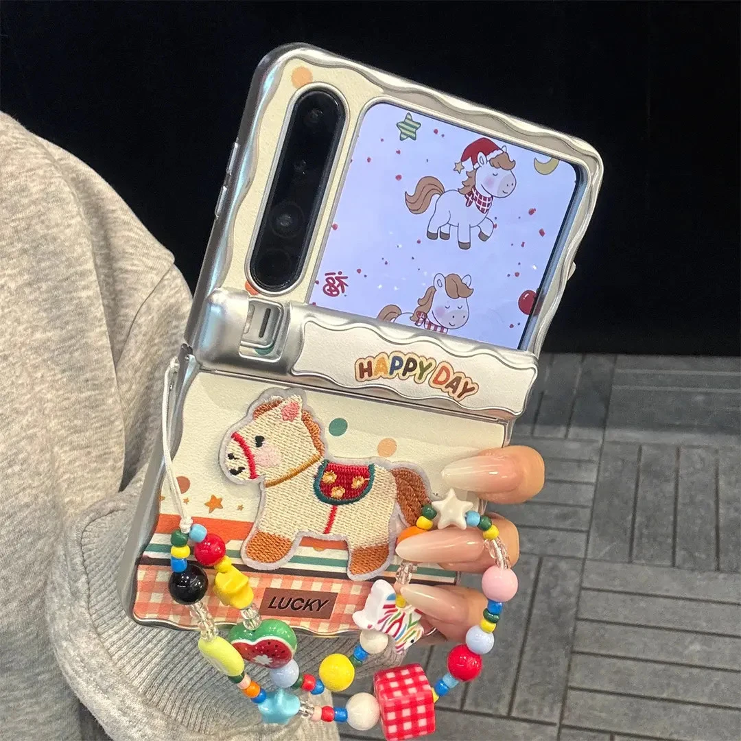 适用华为pura典藏版手机壳银色波浪边PuraX波点格纹拼接刺绣马儿