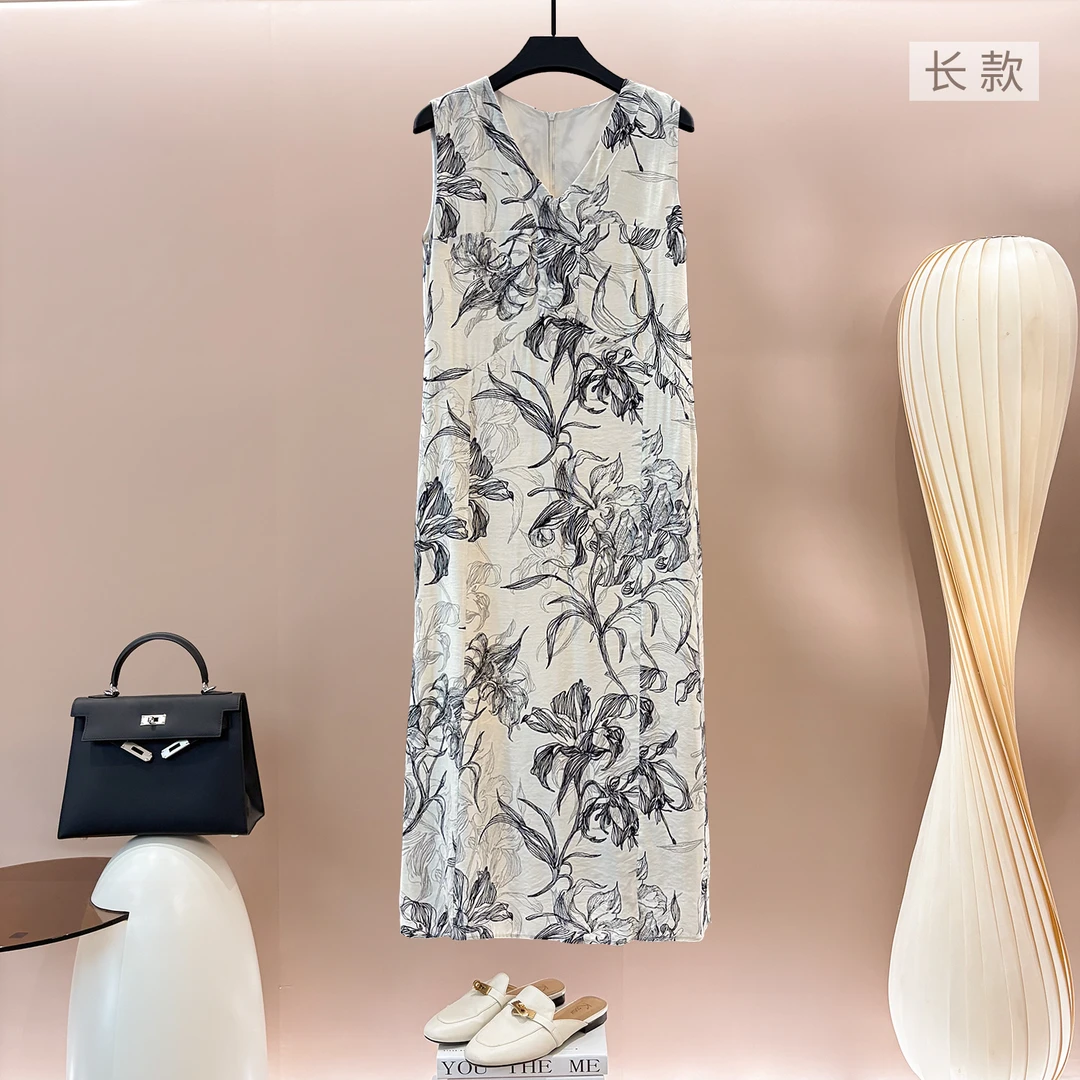 艺术家 高级感气质V领水墨画背心天 丝显瘦无袖连衣裙LL-6000084