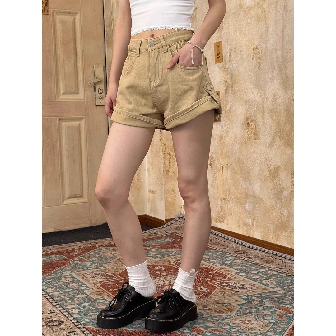 VintageTang欧美辣妹高腰卡其色工装牛仔短裤女夏季热裤吉呐F0314