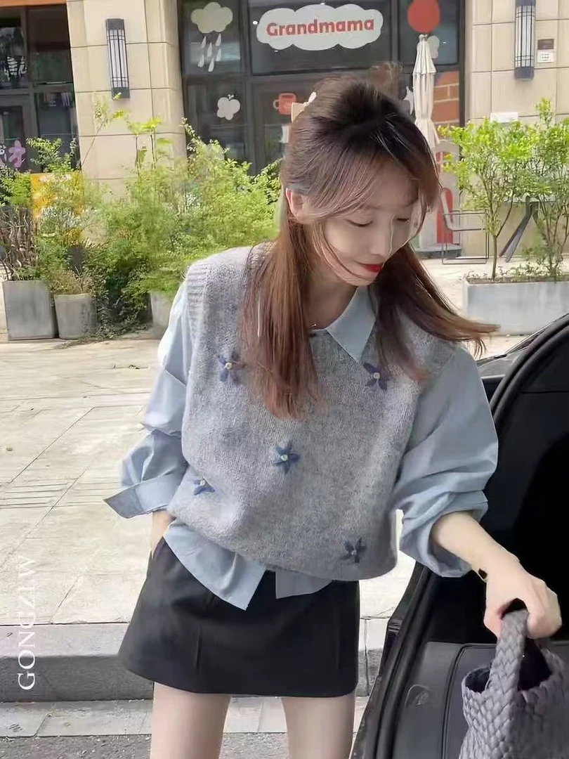 2025春装新款女装两件套韩式学院风马夹法式提花针织马甲休闲衬衫