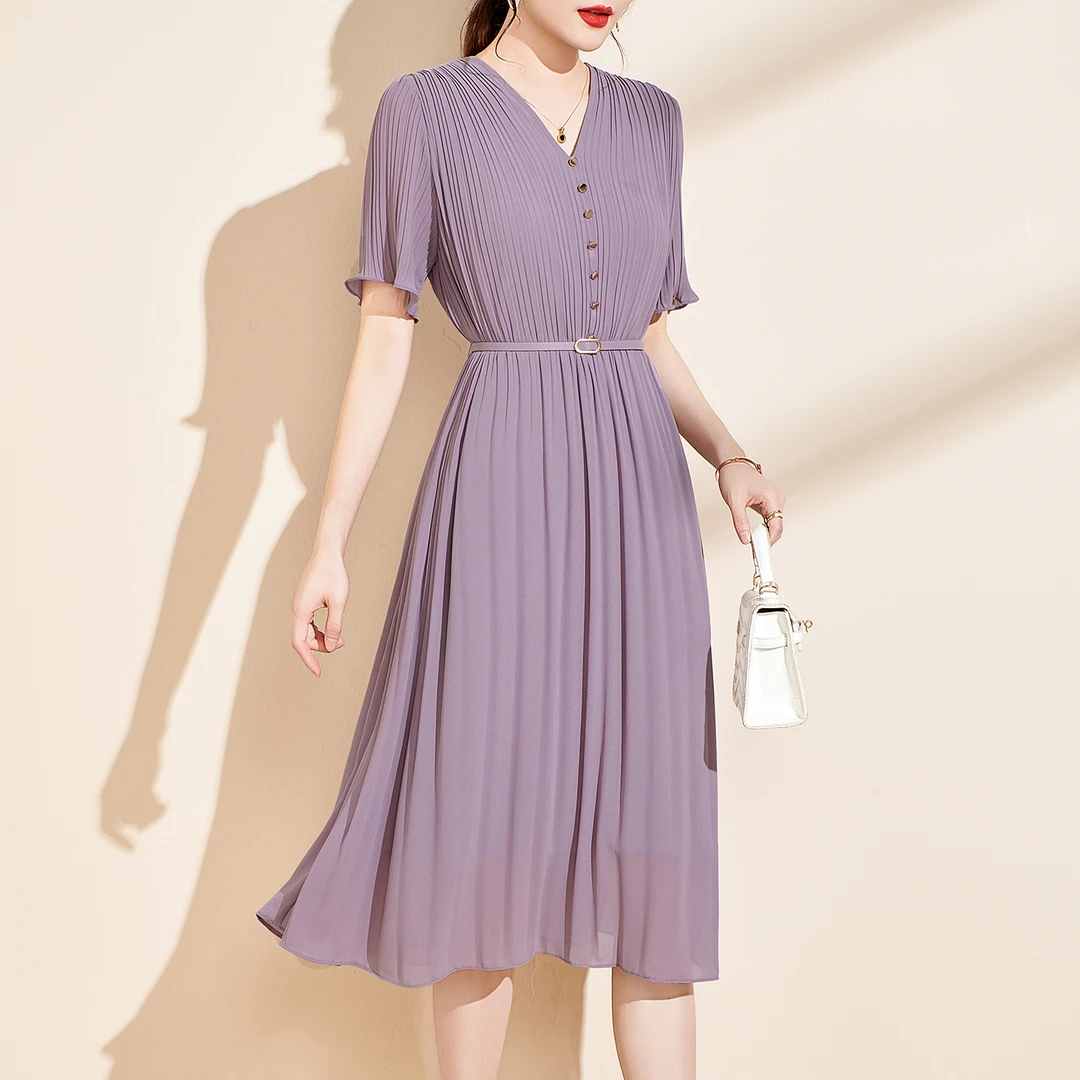 名媛优雅时尚气质短袖连衣裙2025新款高级感百褶修身显瘦a字3814#