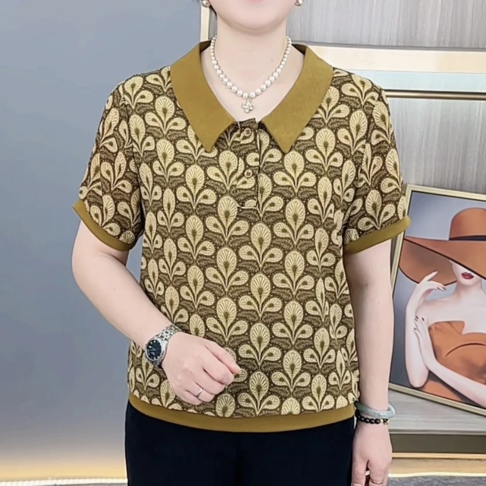 夏季新款时尚翻领中老年气质妈妈装宽松休闲百搭薄款短袖上衣H620