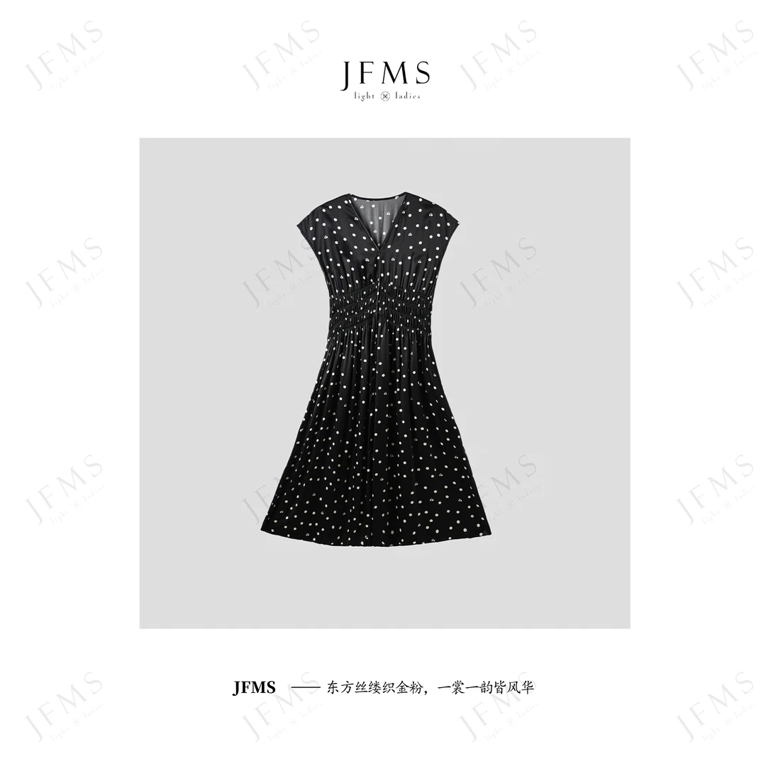JFMS100%天然桑蚕丝素皱缎经典波点显瘦气质款连衣裙Q888