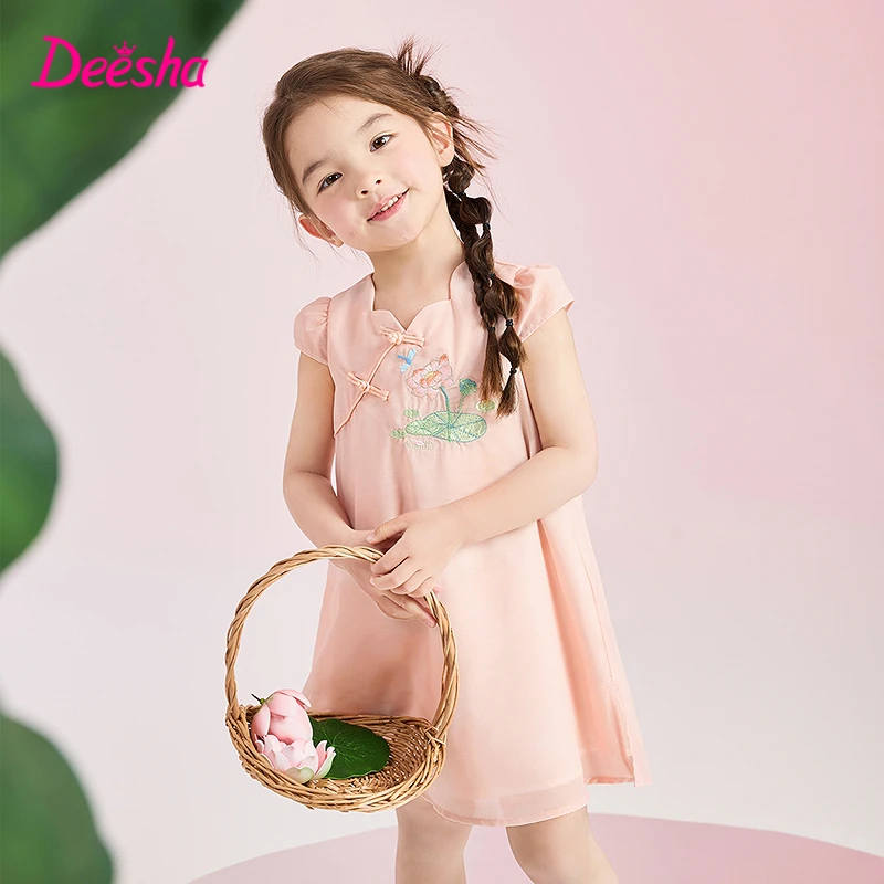 笛莎女童古风连衣裙夏季甜美宝宝时尚中国风短袖旗袍裙-13242U415