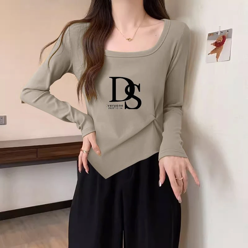 春秋新款方领长袖女士T恤设计感小众洋气百搭打底修身上衣女韩版