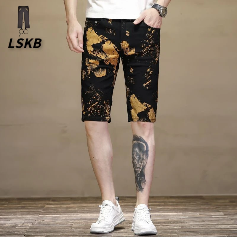 男士超轻薄感夏季大码速干牛仔短裤男凉感薄款中裤印花男士超薄